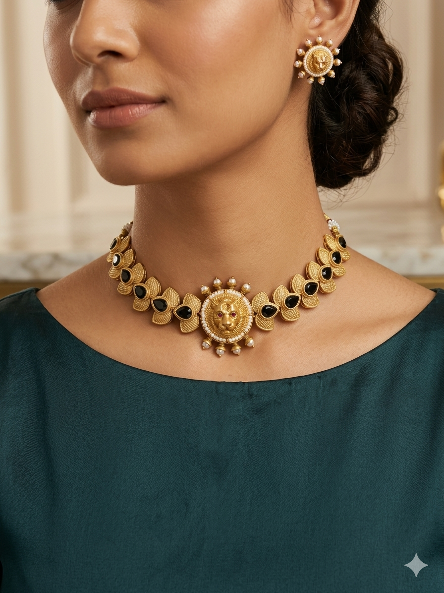 Panther Afghan Earrings and Choker-Length Necklace